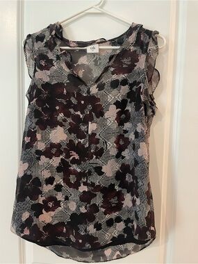 CAbi Black and Pink Floral Ruffle Sleeve V-Neck Camisole
